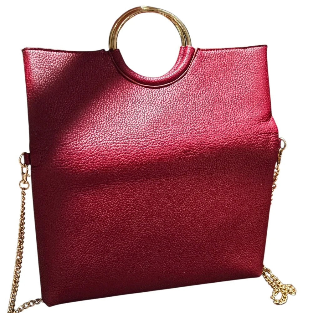 Urban Expressions Red Vegan Leather Handbag with Gold Ring Handles & Chain Strap